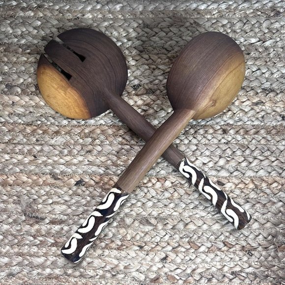 Vintage Salad Serving Set Fork Spoon African Natural Olive Wood Organic - Picture 2 of 5